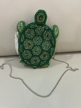 Handcrafted in India Green Turtle Beaded Sequin Crossbody Bag NWT